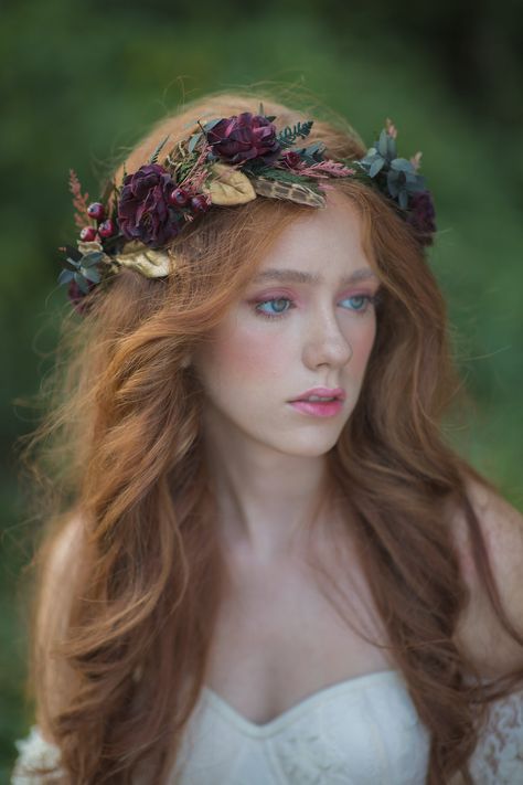 Autumn flower bridal wreath. The flower wreath is made of natural preserved material, artificial flowers, leaves, grass and other trinkets used for arranging. Photo: Michaela Durisova photography Model: Tamara L. Can be combined with this belt: https://www.etsy.com/uk/listing/1087947047/burgundy-flower-belt-autumn-wedding-sash?ref=shop_home_active_3&frs=1 When stored in dry and dark place, our products last 10-15 years. We can also make you other matching accessories. Please message me for m Wedding Hair Crown, Boho Wedding Accessories, Flower Wreath Hair, Bridal Wreath, Accessories Boho, Flower Belt, Hair Crown, Boho Wedding Hair, Hair Wreath