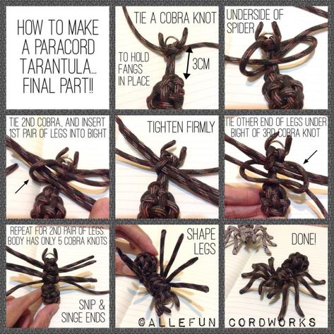 Paracord tarantula (spider) - skivebom.com Paracord Cat Toy, Paracord Spider, Spider Tutorial, Tarantula Spider, Paracord Projects Diy, Paracord Braids, Swiss Paracord, Paracord Bracelet Diy, Paracord Diy