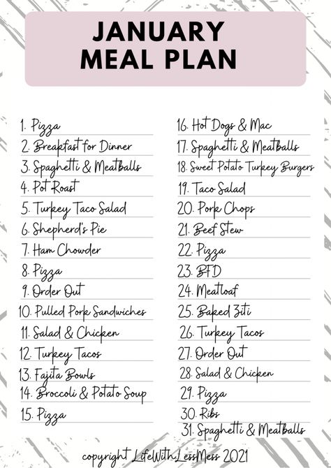 Meal Planning For Big Families, Weekly Menu Ideas Families, Family Dinner Ideas For The Week, No Beef Meals, Simple Week Meal Plan, Monthly Dinner Calendar Meal Ideas, Crockpot Weekly Meal Plan, Cheap Monthly Meal Plan Family Of 4, Meal Plan Family Of Five