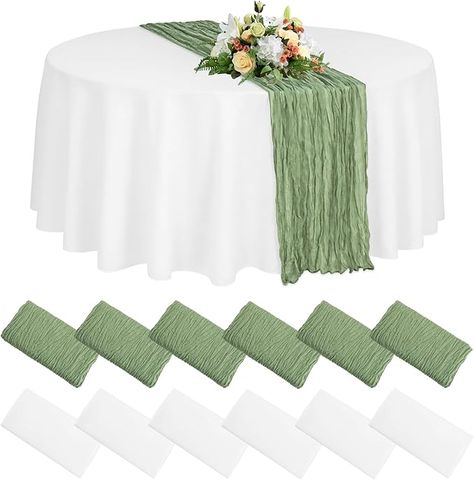 Amazon.com: JALANCY 6 Set 90” White Round Tablecloth and 35x120” Sage Green Cheesecloth Table Runner, Washable Polyester Table Cloth Boho Gauze Table Runner for Wedding Baby Shower Party Table Decor : Home & Kitchen White Table Cloth With Sage Green Runner, Olive Green Table Runner Wedding, Sage Green And White Table Setting, Round Table With Cheesecloth Runner, Cheesecloth Table Runner Wedding Round, Round Table With Runner, Table Runners For Round Tables, Garden Quince, Sage Green Cheesecloth Table Runner