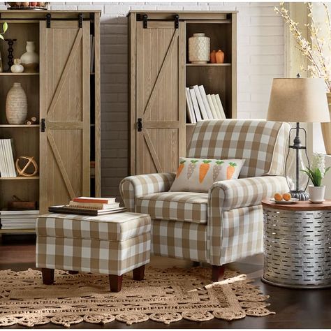 Buffalo Check Armchair and Ottoman | Montgomery Ward Buffalo Check Ottoman, Couch With Accent Chairs Farmhouse, Chair And Ottoman Set Farmhouse, Country Chic Living Room Farmhouse Style, Chairs By Fireplace, Buffalo Plaid Living Room, Farmhouse Livingrooms, Gingham Sofa, Cottage Sofas