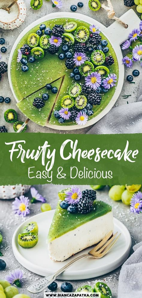 Vegan Jelly Cake, Overripe Kiwi Recipes, Cheesecake Recipes Fruit, Kiwi Dessert Recipes, Recipes With Kiwi, Kiwi Desserts, Kiwi Recipes Dessert, Kiwi Tart, Kiwi Cheesecake