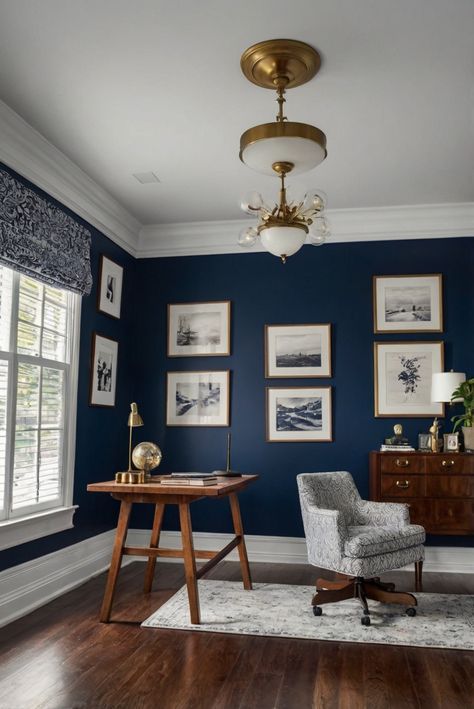 home decor interior design, space planning, interior bedroom design, living room interior Dark Blue Study Aesthetic, Blue Office Aesthetic, Navy Blue Office Walls, Navy Office Ideas, Navy Office Walls, Navy Office Decor, Blue And White Office, Navy Home Office, Blue Office Ideas