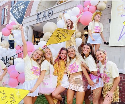 Struck Gold Bid Day Theme, Theta Bid Day Themes, We Struck Gold Bid Day, Struck Gold Bid Day, Theta Bid Day, Welcome Back Home, Recruitment Themes, Big Lil, Phi Sigma Sigma