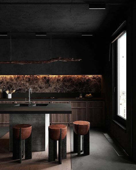 28 Likes, 0 Comments - Architecture Desires (@architecture.desires) on Instagram: “🔖 #architecture_desires Dark kitchen interior with amazing marble at back side ........ 📌 Tag…” Creative Kitchen Backsplash, Bold Kitchen, Modern Kitchen Ideas, Barn Kitchen, Dark Elegance, Sleek Kitchen, Dark Kitchen, Stunning Kitchens, Dream Decor