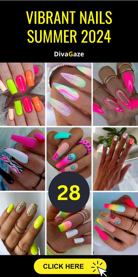 28 Vibrant Nails for Summer 2024: Dazzle with Trends & Colors! - divagaze.com Colorful Nail Ideas Acrylic, Neon Butterfly Nails, Bright Spring Nails 2024, Nail Trends 2020 Summer, Hot Pink Nail Designs Summer, Almond Summer Nails Design, Neon Almond Shaped Nails, Neon Square Nails, Almond Nail Designs Trending Now