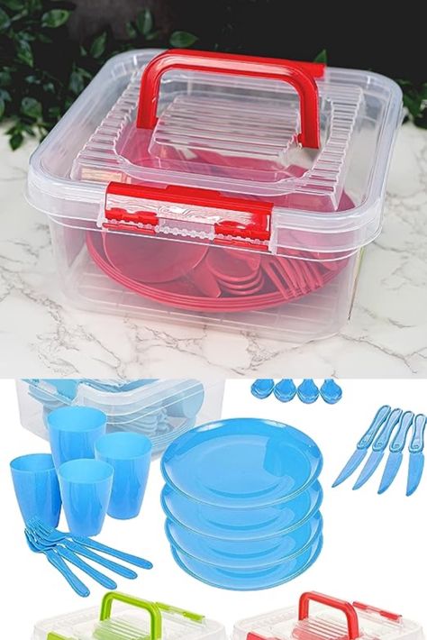 THE ULTIMATE PICNIC PLATE SET - There's nothing better than a hearty meal to refuel after a day of adventure IDEAL FOR INDOOR OR OUTDOOR USE - Perfect for picnics, BBQs & camping holidays! CONTAINS - 4 x Plates, 4 x Cups, 4 x Forks, 4 x Knives, 4 x Spoons, 1 x Storage Container LIGHTWEIGHT - 21 Piece Picnic Set may contain a lot of dinnerware but it’s incredibly lightweight, packs away neatly and compact and is easy to carry. Set comes in handy storage box. Camping Holidays, Picnic Plates, Picnic Box, Bbq Ideas, Hearty Meal, Camping Party, Picnic Set, Party Dinner, Hearty Meals