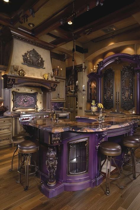 elegant dark purple kitchen Dark Purple Kitchen, Purple Kitchens, Purple Kitchen Cabinets, Purple Kitchen Designs, Lilac Kitchen, Home Haunted House, Lilac Walls, Magical Spaces, Haunted House Decor