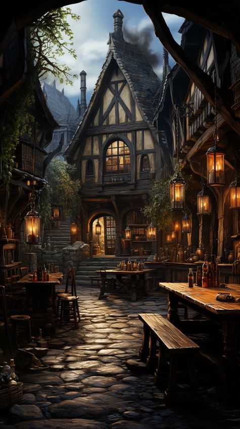 Medieval tavern with chairs and tables on the street Taverna Medieval, Enchanted Village, Medieval Tavern, Castle Illustration, Fantasy Village, Fantasy Town, Medieval Houses, Fantasy House, Fantasy City