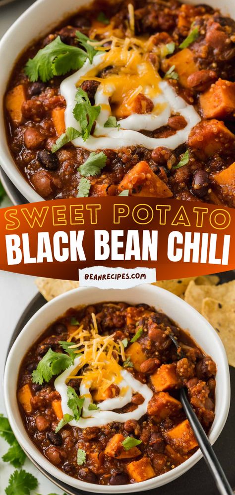 This Sweet Potato Black Bean Chili with Quinoa is a hearty bowl of deliciousness! This simple dinner idea is vegan and perfect for the whole family! Add this to your best dinner recipes! Sweet Potato Black Bean Recipe, Chili With Quinoa, Pressure Cooker Stew, Ground Beef Crockpot, Easy Bean Recipes, Sweet Potato Black Bean Chili, Vegan Bean Recipes, Healthy Main Meals, Vegan Bean