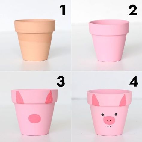 Pig Terra Cotta Pots, Pig Flower Pot, Terracotta Pot Animals, Flower Pot Painting Ideas For Kids, Small Flower Pot Ideas, Painting Garden Pots, Painting Flower Pots Ideas Simple, Plant Pot Painting Ideas Easy Diy, Cute Pot Painting Ideas