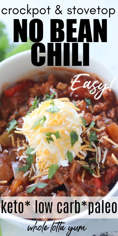 Chili Recipe Without Beans (A Low Carb Chili Recipe too) Chili Recipe Without Beans, Beanless Chili Recipe, Chili Without Beans, Chili Recipe Stovetop, Stovetop Chili, Low Carb Chili Recipe, Spicy Stew, Keto Chili, Healthy Chili