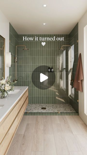 Edward Martin on Instagram: "The perfect pop of color that still feels calm and organic 💚 just what every bathroom needs.  Featuring:  - Teagan 3x12 Glossy Ceramic Tile in Moss - Aniston 2x2 Matte Porcelain Hexagon Mosaic Tile in Calacatta Cremo - Jameson 8x48 Matte Porcelain Tile in Latte  #tile #green #design #bathroom #greentile #inspo #bathroomrenovation #statement #bold #color #nature #spa #oasis #bathroominspiration #bathroomideas #aesthetic #greenbeauty #remodeling #bathroomgoals #homedecor #homedesign #houseideas" Green Tile Master Bath, Small Bathroom Green Tile, Green Tiles In Bathroom, Wood Tile Floor Bathroom, Green And Wood Bathroom, Green Tile Bathroom Floor, Bathroom Green Tiles, Green Tile Bathroom Ideas, Calacatta Cremo