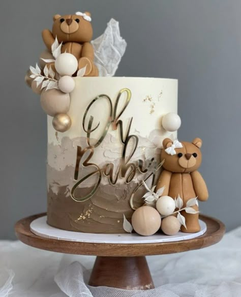 Bear Gender Reveal Cake, Bear Cake Gender Reveal, Brown Gender Reveal Cake, Baby Shower Cake Bear Theme, Gender Reveal Bear Cake Ideas, Build A Bear Party, Coffee Baby Shower, Baby Shower Cakes Neutral, Bear Baby Shower Cake