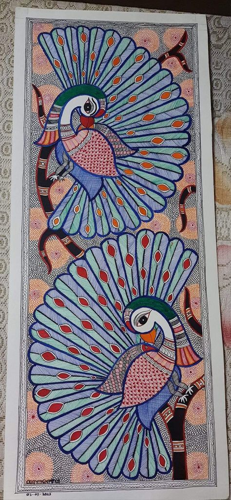 Kachni work in peacock painting Katchni Madhubani Art, Mithila Painting Peacocks, Madhubani Paintings Peacock Easy, Peacock Madhubani Painting, Madhubani Art Peacock, Madhubani Paintings Ideas Design, Madhubani Bags, Madhubani Art Easy, Traditional Madhubani Art