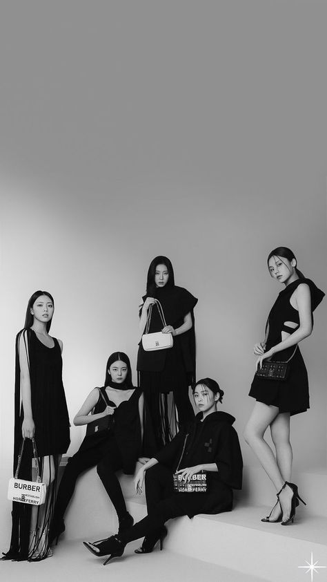 A wallpaper of Itzy for phone iphone samsung. Itzy collab with the magazin marie claire group photo. Itzy black and white lockscreen. Kpop Wallpaper Black And White, Itzy Black And White, Black And White Lockscreen, Itzy Group Photo, White Lockscreen, Itzy Wallpaper, Plant Styling, Group Poses, Black Pins