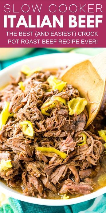 This Slow Cooker Italian Beef is an easy dinner recipe inspired by the Chicago staple that has so much flavor it will literally melt in your mouth! #slowcooker #beeffoodrecipes Italian Beef Recipe, Roast Beef Crock Pot Recipes, Italian Beef Crockpot, Beef Roast Crock Pot, Italian Beef Recipes, Slow Cooker Italian, Slow Cooker Italian Beef, Roast Beef Sandwich, Italian Beef Sandwiches