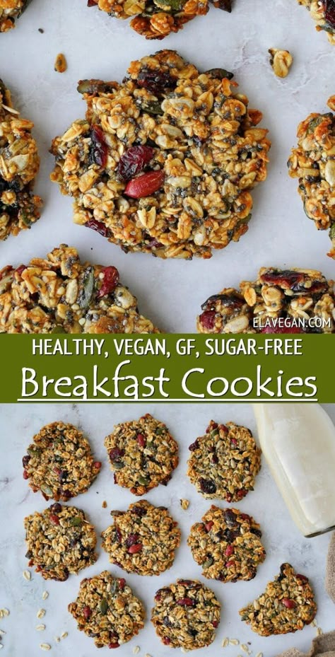 These healthy breakfast cookies are full of wholesome, nourishing ingredients like oats, seeds, dried fruit, and date paste to naturally sweeten them! Along with packing a nutritional punch, they are gluten-free, dairy-free, sugar-free, and oil-free! #breakfastcookies #healthycookies #sugarfreecookies #vegancookies #glutenfreecookies #elasrecipes | elavegan.com Sugar Free Breakfast, Date Paste, Oatmeal Breakfast Cookies, Breakfast Cookie Recipe, Breakfast Cookies Healthy, Healthy Vegan Breakfast, Cookies Healthy, Sugar Free Cookies, Healthy Sugar