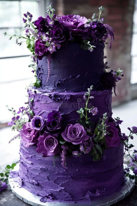 An elegant and sophisticated three-tiered wedding cake decorated with fresh flowers in shades of purple and pink stock images Dark Green And Purple Wedding, Shades Of Purple Cake, Royal Purple Wedding, Cake Purple, Purple Wedding Cake, Purple And Green Wedding, Dark Carnival, Purple Wedding Cakes, Carnival Wedding