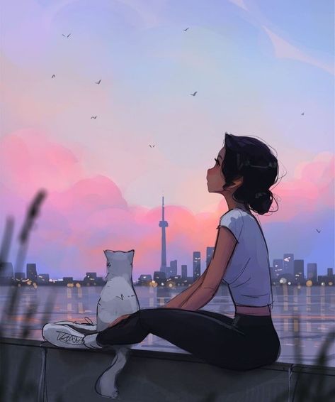 Sam Yang Art, Sam Yang, Cartoon Girl, Digital Art Girl, Girly Art, Profile Pics, White Cat, Cartoon Art, Art Girl