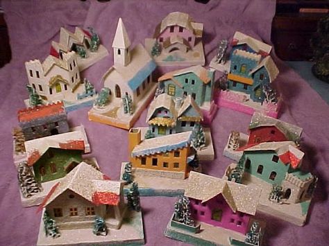 1950s Christmas | 1950s Christmas village houses | Christmas -- Vintage Retro Christmas Decorations, Vintage Christmas Crafts, 1950s Christmas, Christmas Village Houses, Christmas Craft Projects, Brush Tree, Glitter Houses, Cardboard House, Putz Houses