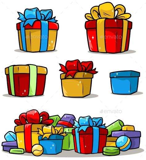 Cartoon Colored Presents and Different Gift Boxes - Vector EPS Gifts Drawing Christmas, Present Box Drawing, Cartoon Christmas Presents, Christmas Gift Illustration, Presents Illustration, Present Cartoon, Present Clipart, Christmas Gift Drawing