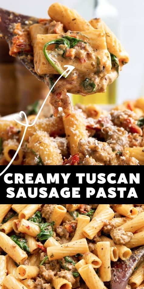 Creamy Tuscan Sausage Pasta, Tuscan Sausage Pasta, Pasta Italian Sausage, Hot Italian Sausage Recipes, Ground Italian Sausage Recipes, Sausage Pasta Dinner, Sundried Tomato Recipes, Italian Sausage Recipes Pasta, Tuscan Sausage