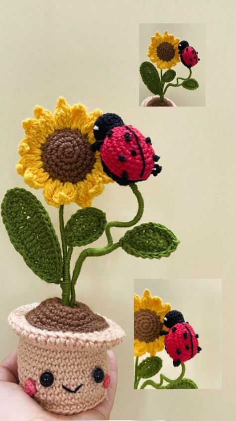 Crochet, crochet sunflower pot, pots, cute, ladybug Ladybug Crochet, Sunflower Pot, Cute Sunflower, Crochet Instructions, Crochet Ideas, Flower Pot, Amigurumi Pattern, Crochet Flowers, Crochet Amigurumi