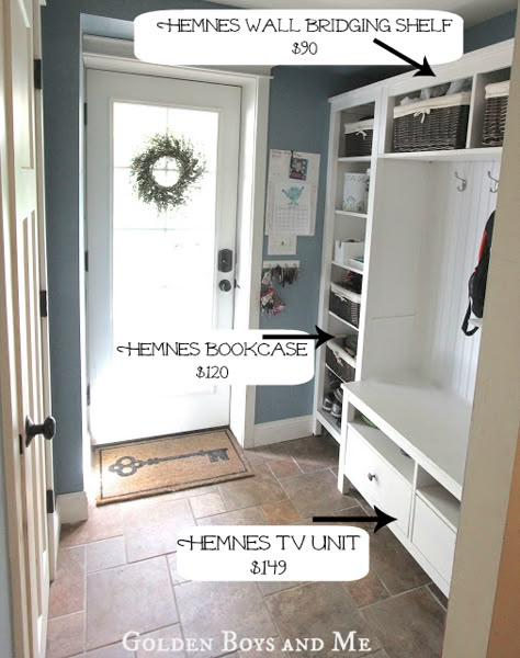 built-in IKEA storage Hemnes Bookcase, Vstupná Hala, Hack Ikea, Mud Room Entry, Hacks Ikea, Mudroom Entryway, Mudroom Laundry Room, Office Color, Mud Room Storage