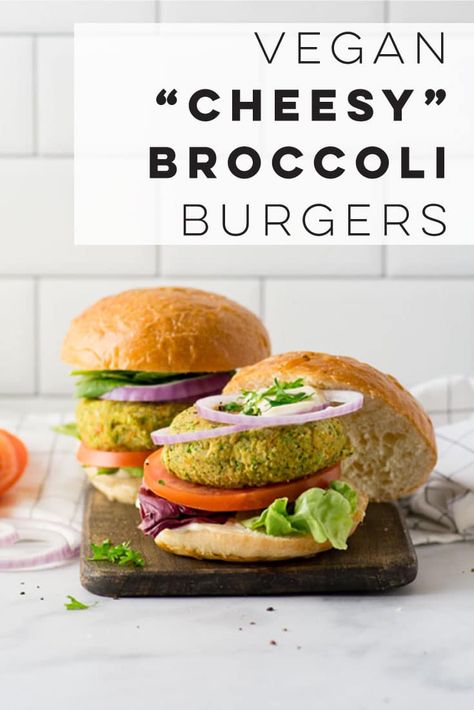 "Cheese" Broccoli Vegan Burgers -- These vegan burgers are loaded with flavor and nutritious ingredients. Better yet, the ingredient list is short and they can be put together just shy of 30 minutes. #vegan #glutenfree #veggieburgers #dinner #healthy | Mindful Avocado Vegan Gluten Free Veggie Burger, Vegan Vegetable Burgers Recipe, Vegan Broccoli Tots, Vegetarian Mushroom Burger, Mushroom Burgers Vegetarian, Unprocessed Recipes, Cheese Broccoli, Vegan Burger Recipe, Vegan Broccoli