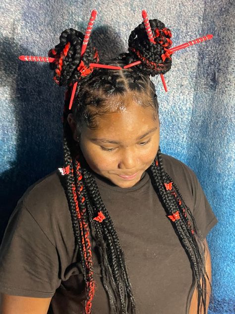 Rubberband style with box braids with hair accessories Box Braids With Ribbon, Braids With Chopsticks, Rubber Bands In Front Box Braids In Back, Ribbon Hairstyle Box Braids, Bow Bun With Box Braids, Box Braid Pigtails, Box Braid Hair, Chopstick Hair, Box Braids Styling