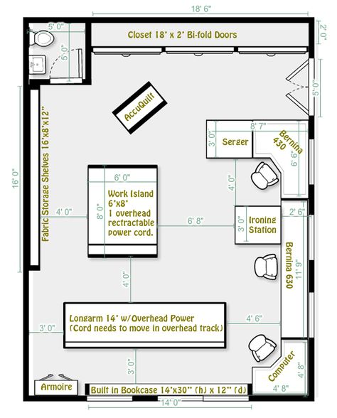 Sewing Table Dimensions, Floor Plan With Art Studio, Amazing Craft Rooms, Sewing Room Office Combo, Sewing Studio Ideas Inspiration, Art Studio Plans Layout, She Shed Sewing Studio, Quilting Studio Ideas, Quilting Rooms In Small Spaces