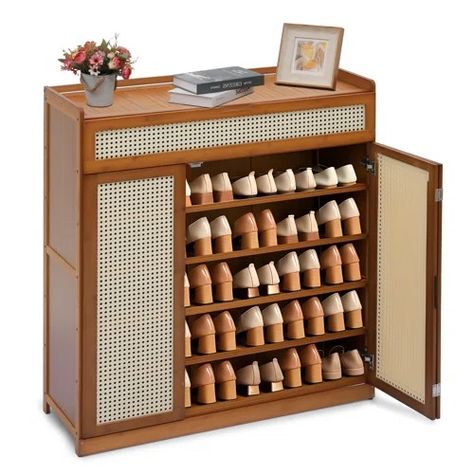 Shoe Storage Cabinets You'll Love | Wayfair Sneakers Storage, Shoe Storage Cabinet Entryway, Boho Shoe, Door Shoe Rack, Shoes Shelf, Flip Door, Shoe Organizer Entryway, Rattan Doors, Bedroom Brown