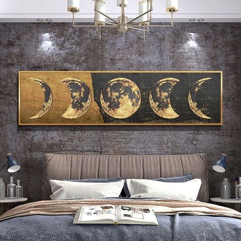 Gold Foil Art Canvas, All Moon Phases, Big Picture Frames, Moon Canvas Art, Forest Abstract, Moon Canvas, Canvas Wall Art Living Room, Golden Art, Gold Foil Art