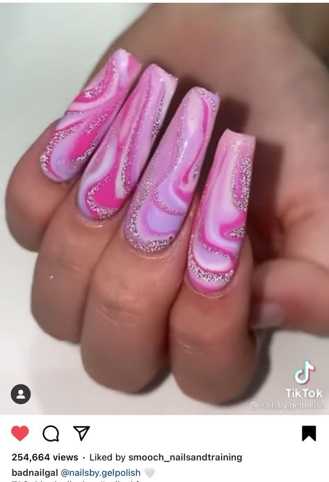 Malibu Barbie Nails, Hot Pink Marble Nails, Glitter Marble Nails, Colorblock Nails, Pink Marble Nails, Marble Acrylic Nails, National Pink Day, Lilac White, Work Nails