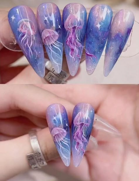 Nature Inspired Nail Art, Jelly Fish Nails Art, Difficult Nail Designs, Fish Nails, Genshin Cosplay, Stunning Nails, Fantasy Nails, Painted Nails, Mermaid Nails