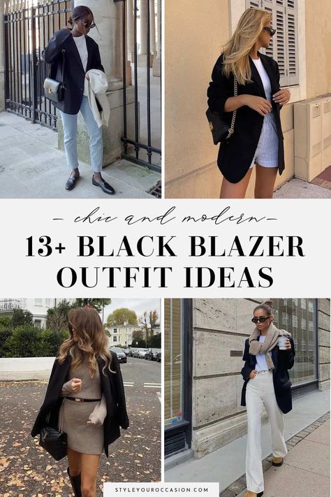 Looking for black blazer outfits for women? Check out these black blazer outfit ideas including cropped blazer and oversized black blazer outfit ideas. There’s casual and dressy looks for a night-out, classy occasion, a formal or elegant evening, and for work. See how to wear a black blazer with jeans, a dress, a skirt, or shorts. You’ll love these ideas for spring, summer, fall, and winter. Black Blazer Outfit Work, Oversized Black Blazer Outfit, Blazer Outfits For Women Work, Blazer Outfit Ideas For Women, Black Blazer Outfit Ideas, Brunch Outfit Black Woman, Black Blazer Casual, Black Blazer With Jeans, Blazer Casual Outfit