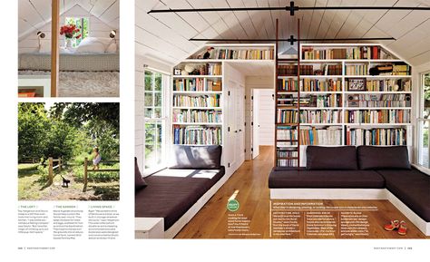 Tiny House Featured in Martha Stewart Living | LINCOLN BARBOUR PHOTO | Professional Photographer Based in Virginia Design Casa Piccola, Home Library Design Ideas, Built In Sofa, Tiny House Storage, Home Library Design, Design Library, Home Libraries, Tiny House Interior, Library Design