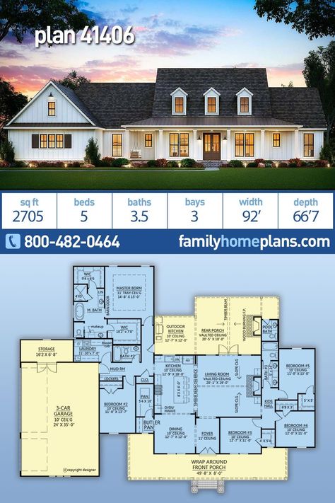 Country, Farmhouse House Plan 41406 with 5 Beds, 4 Baths, 3 Car Garage 5 Bedroom 3 Car Garage House Plans, 5 Bedroom House Floor Plan One Level Wrap Around Porch, One Level House Plans With Garage, Modern Farmhouse 5 Bedroom, Modern Ranch With Pool, 5 Bedroom House Floor Plan Wrap Around Porch, House Design 5 Bedroom 1 Floor, Million Dollar Farmhouse, Country Farmhouse Blueprints