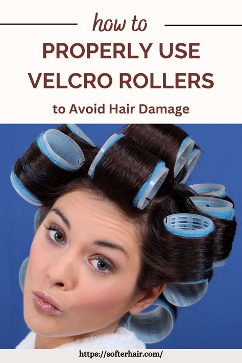 a brunette woman in velcro rollers Hair Rollers Tutorial, Velcro Hair Rollers, Hair Stules, Blowout Hair Tutorial, Grey Hair Care, Velcro Rollers, Hot Rollers Hair, Overnight Hairstyles, Best Hair Oil