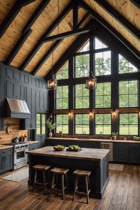 Black Farmhouse House Plans, Small Cozy Barndominium, Barndominium Aesthetic Interior, Modern Mountain Barndominium, Open Concept Kitchen Living Room Barndominium, Black Barndominium With Wood Accents, Barndominium Interior Open Floor Modern, Barndemonium Interior, Tiny Home Cabins