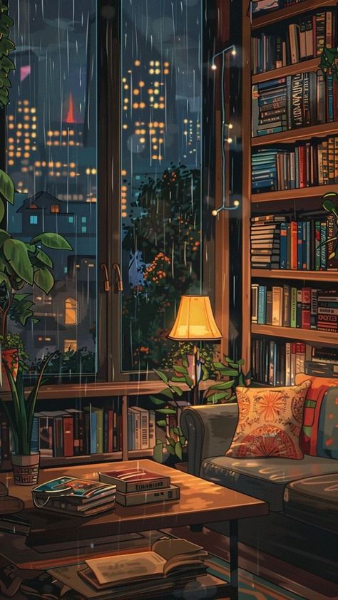 Cosy Book Corner, Room Full Of Books, Sofa Lamp, Cityscape Illustration, Sofa Drawing, Dreamy Artwork, Cool Wallpapers Art, Reading Corner, Fantasy Art Landscapes