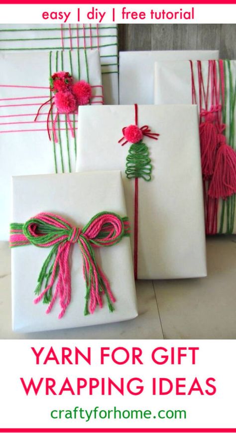 Easy Gift Wrapping Ideas Using Yarn | Crafty For Home Gift Wrap With Yarn, Yarn Ribbon Gift Wrapping, Yarn Wrapped Gifts, Christmas Wrapping With Yarn, Yarn Bows Wrapping, Gift Wrapping With Yarn, Yarn Bows, Easy Gift Wrapping Ideas, Diy Gift Wrapping Ideas