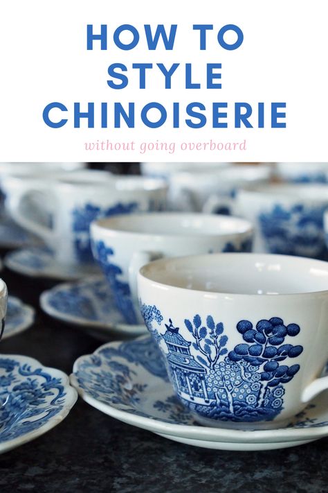 Even if you don't know it by name, you've most likely seen Chinoiserie decor over the years.  So, how do you style it without going overboard?  #chinoiserie #homeaccessories #homeaccents #interiostyling #vintagedecor #homedecorating Chinoiserie Room Decor, Chinoiserie China Patterns, French Chinese Interior, French Chinoiserie Decorating, Blue Willow Tablescapes, Florida Decorating Ideas Interiors, Chinoiserie Decorating Living Room, Blue And White China Decor, Chinoiserie Bathroom Decor