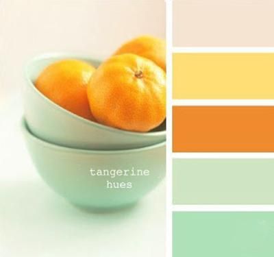 Pastel green, yellow and tangerine orange color schemes for bright and modern interior decorating -(hues, inspiration, design, paint, bowl of oranges)- Design Seed, Orange Color Schemes, Kitchen Colour Schemes, Modern Interior Decor, Orange Decor, Orange Design, Design Seeds, Colour Board, Mint Color