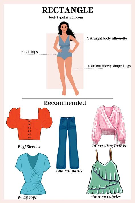 Dressing Style For Rectangular Body Shape, Styling For Body Types, Casual Outfit Ideas For Rectangle Body Shape, Rectangle Body Styling, Clothes For Body Type Rectangle, Clothes According To Body Shape, Rectangle Body Swimsuit, Casual Outfit For Rectangular Body Shape, Body Type Style Guide