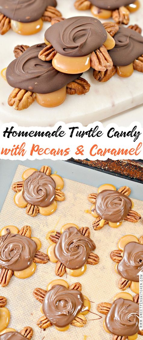 Homemade Turtle Candy With Pecans, Turtle Candy With Pecans, Homemade Turtle Candy, Candy With Pecans, Pecan Turtles Recipe, Soft Caramels Recipe, Homemade Turtles, Turtle Candy, Turtle Recipe