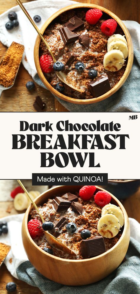 Simple, 7-ingredient dark chocolate quinoa breakfast bowl naturally sweetened with maple syrup and infused with rich cocoa powder! A healthy, hearty plant-based breakfast or snack. Dark Chocolate Breakfast, Breakfast Bowl Healthy, Chocolate Quinoa, Breakfast Quinoa, Breakfast Bowls Recipe, White Quinoa, Quinoa Breakfast Bowl, Chocolate Breakfast, Healthy Breakfast Bowls