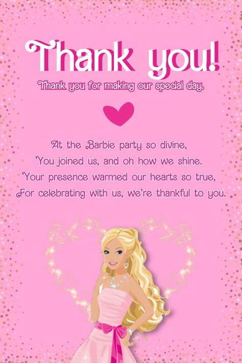 Barbie Thank You Card, Barbie Doll Party, Barbie Decorations, Templates Birthday, Free Barbie, Girls Party Invitations, Nursery Frames, 4 Birthday, Morning Prayer Quotes