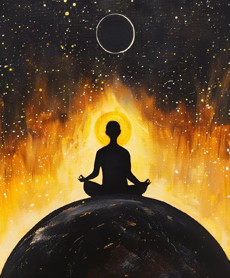 Save & follow for more enchanting art! A silhouetted figure meditates in the lotus pose atop an abstract planet, radiating a brilliant, glowing aura. #ArtPrint #MeditationArt #AuraGlow #AbstractPlanet #ImagePrompt #AiImage Glowing Aura, Metaphysical Art, Lotus Pose, Meditation Art, Sell Photos, The Lotus, Spiritual Art, Visual Content, Art Videos